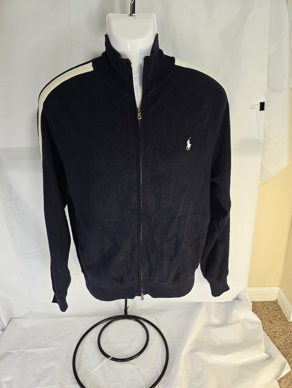 Polo Ralph Lauren Mens Full Zip Track Jacket Black with Off-White Stripe Medium